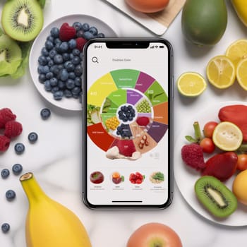 Smartphone screen: Healthy food concept with fruits and vegetables on a mobile phone screen