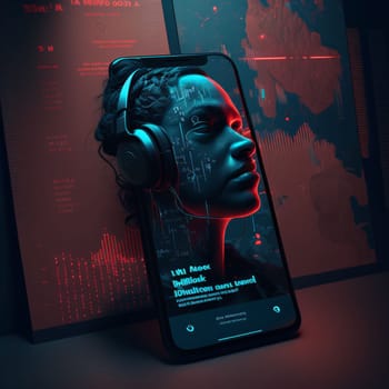 Smartphone screen: Black woman with headphones listening to music on the smartphone screen. 3d rendering
