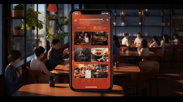 Smartphone screen: Digital composite of Smartphone with menu app on screen in coffee shop