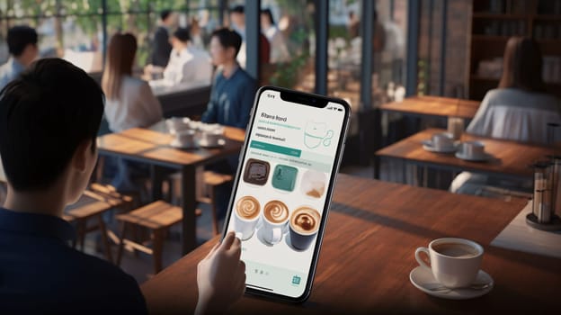 Smartphone screen: Woman using mobile phone with coffee shop app on the screen in cafe