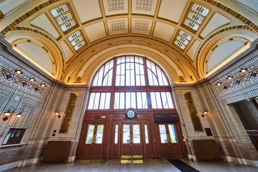 Elegant Baker Street Station interior with ornate wooden doors and golden ceiling details, Fort Wayne.