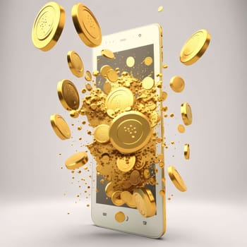 Smartphone screen: Smartphone with gold coins on white background. 3D illustration.