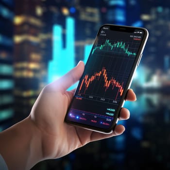 Smartphone screen: Hand holding smart phone with stock market chart on screen over blurred city background.