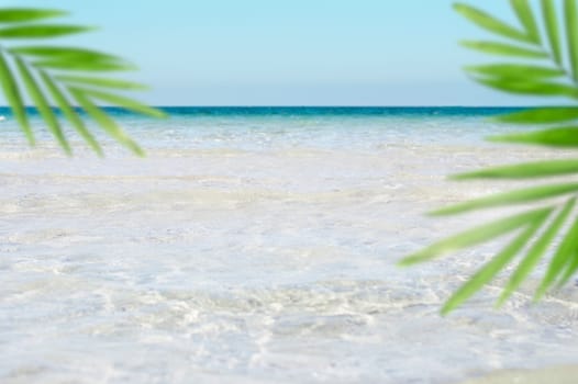 Bumpy tropical sandy beach with summer tree, blurry transparent ocean and blue sky.