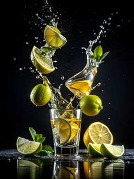 Splash of Mexican tequila with lime and salt on a black background. Concept luxury drink. Alcoholic drink concept. Freeze motion drops in a liquid splash. Ai generated image