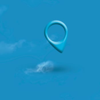 Map pin location 3D button with clouds on blue, map pointer navigation concept