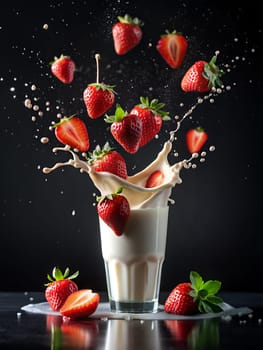 Fresh strawberries with milkshake splash on a black background. Ai generated image