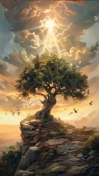 Earth Day: Digital painting of a tree on a cliff with birds flying in the background