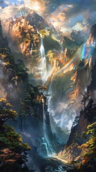 Earth Day: Mountain landscape with waterfall, forest and rainbow. Digital painting.