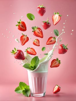 Fresh strawberries and mint leaves with milkshake splash on a pink background. Ai generated image