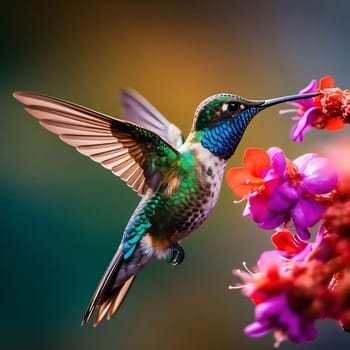 Earth Day: Ruby-throated Hummingbird (archilochus colubris) in flight with flowers in background.