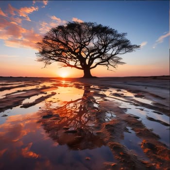 Earth Day: Lonely tree on the beach at sunset with reflection in water