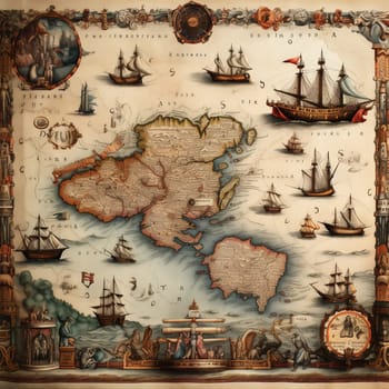 Vintage World Map on an Old Stained Parchment. Antique Old Map with Painted Ships.