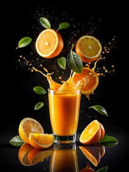 Orange juice splashed with slices of orange and green leaves isolated on a black background. Ai generated image