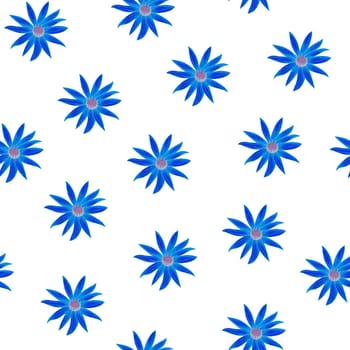 Daisy Blue Flower Seamless Pattern. Hand Drawn Floral Digital Paper on White Background.