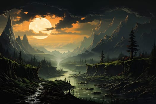 Earth Day: Fantasy landscape with river and mountains at sunset, 3d illustration