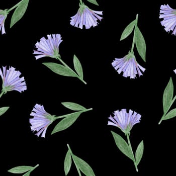 Simple Cornflower Floral Seamless Pattern on a Black Background. Hand Drawn Simple Cornflower Digital Paper. Wild Meadow Flowers Drawn by Colored Pencils.
