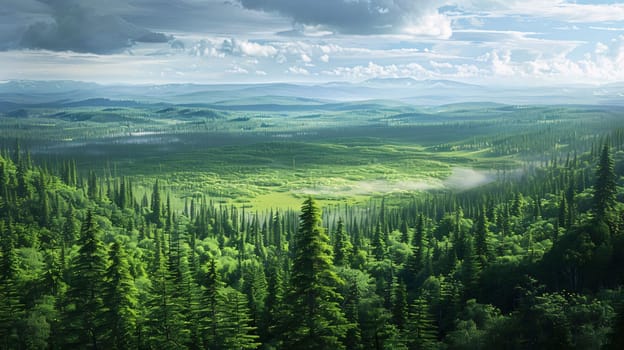 Earth Day: Foggy morning in the coniferous forest. Panorama