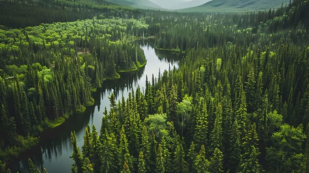 Earth Day: Aerial view of a river flowing through the forest in summer.