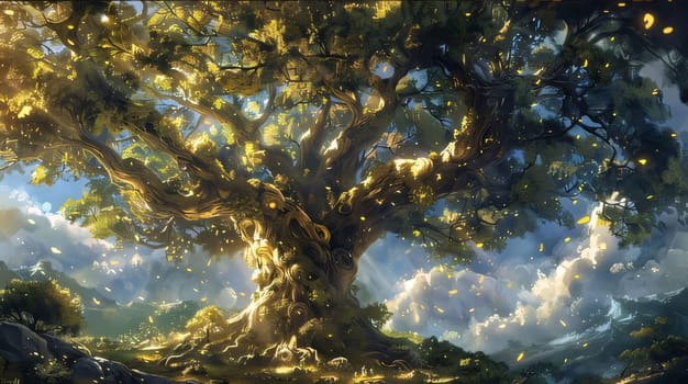 Earth Day: Digital painting of an old oak tree with golden leaves and sun rays