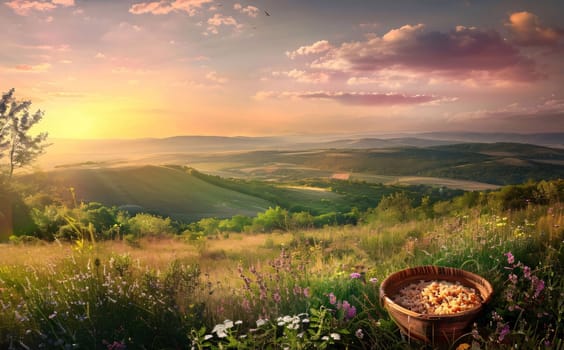 Earth Day: Mountain landscape with oatmeal in a wooden bowl on the background of the sunset