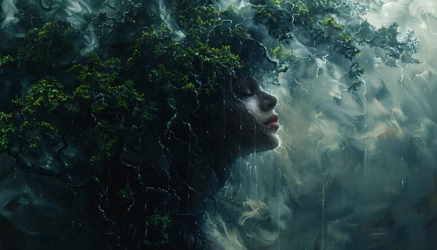 Earth Day: Double exposure portrait of young beautiful woman in green forest. Fantasy forest.