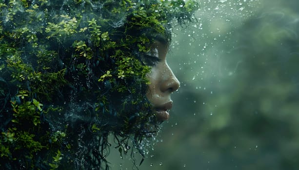 Earth Day: Portrait of a beautiful woman with green moss on her head.