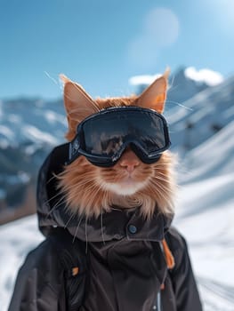 A Felidae, resembling a Lynx, wearing goggles and a jacket, stands in the snow. Its fawncolored fur blends with the white landscape, showing off its whiskers and carnivorous nature