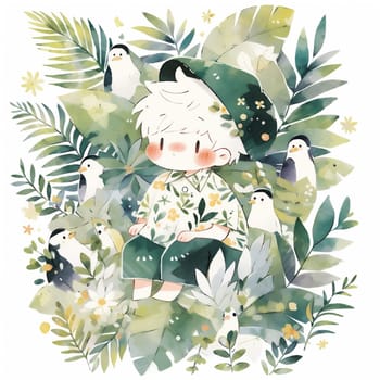 Boy in Watercolor Tropical Leaves Illustration. Art for Summer Design of Beauty Print, Card.