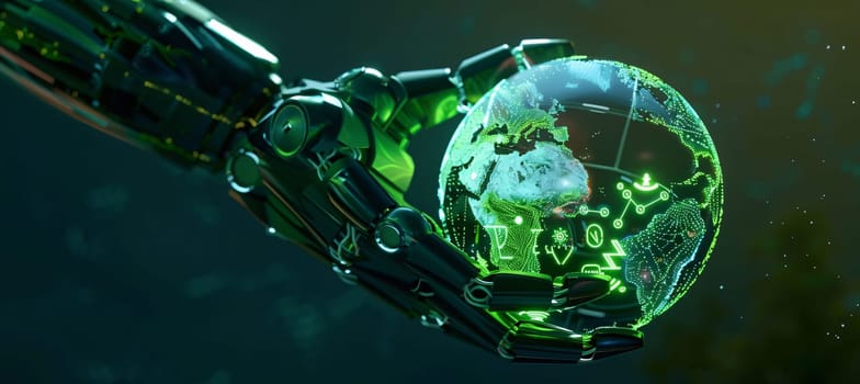Earth Day: Cyborg hand holding planet earth. Artificial intelligence concept. 3D rendering