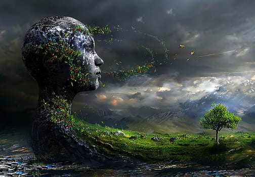 Earth Day: Surrealism. Human head surrounded by nature. 3D illustration.