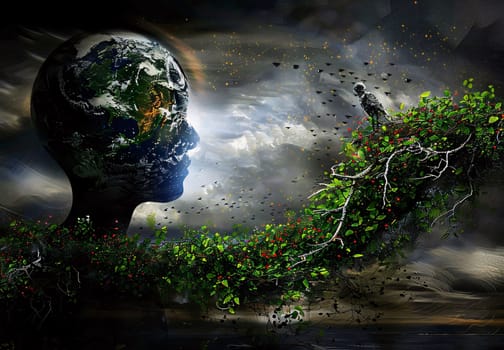 Earth Day: Human head with tree and planet Earth. Elements of this image furnished by NASA