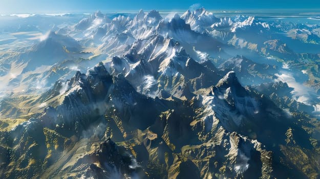 Earth Day: Aerial view of snow covered mountain peaks in the clouds. 3D Rendering