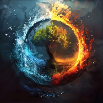 Earth Day: Burning tree in the middle of the sea. Vector illustration.