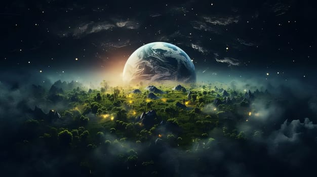 Earth Day: Fantasy landscape with planet and moon. 3D rendering. Elements of this image furnished by NASA