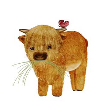 Bull watercolor illustration. Clipart isolated on white background of a baby cattle. Cute hand drawing with pet. For educational cards for children. High quality photo