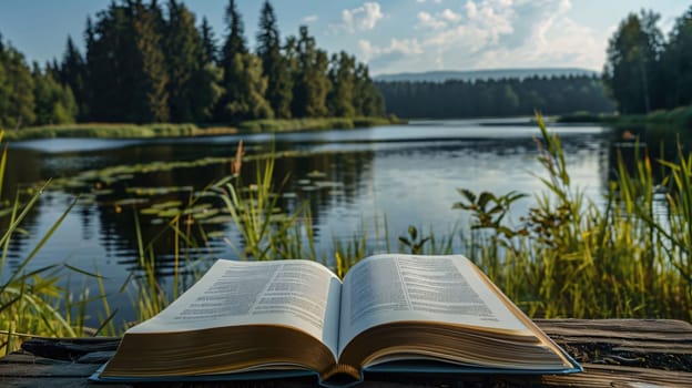 World Book Day: Open book on a wooden table on the background of a forest lake