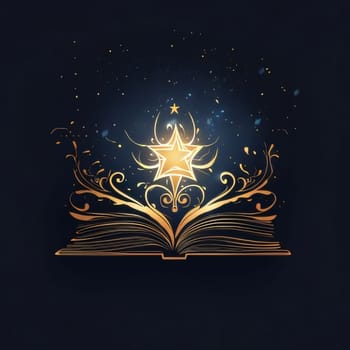 World Book Day: Magic book with golden star on black background. Vector Illustration.