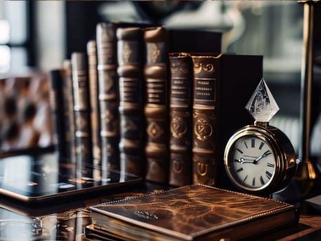 World Book Day: Vintage books and clock on a glass table in a library.