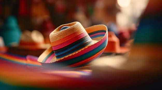 Cinco de Mayo: Mexican sombrero hat on a colorful background. Selective focus.