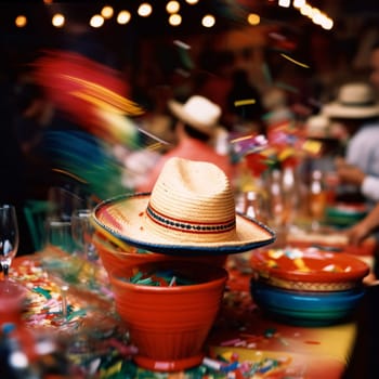 Cinco de Mayo: Mexican hats on the table in a Mexican restaurant. Selective focus