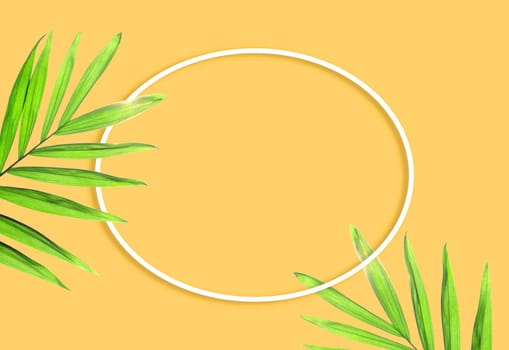Creative layout made of colorful tropical leaves and frame on yellow background. Minimal summer exotic concept with copy space.