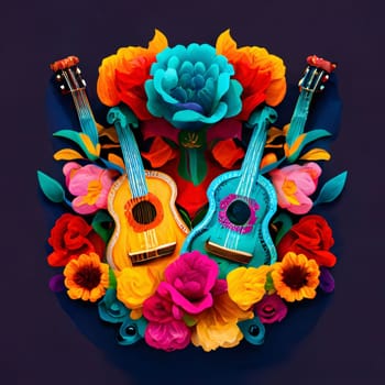 Cinco de Mayo: Mexican guitar and flowers on dark background. 3d illustration.