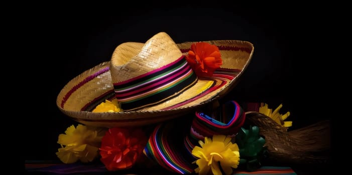 Cinco de Mayo: Mexican sombrero hat with colorful flowers on black background.