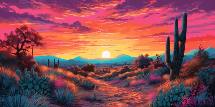 Plant called Cactus: Sunset over the mexican desert. 3D illustration.