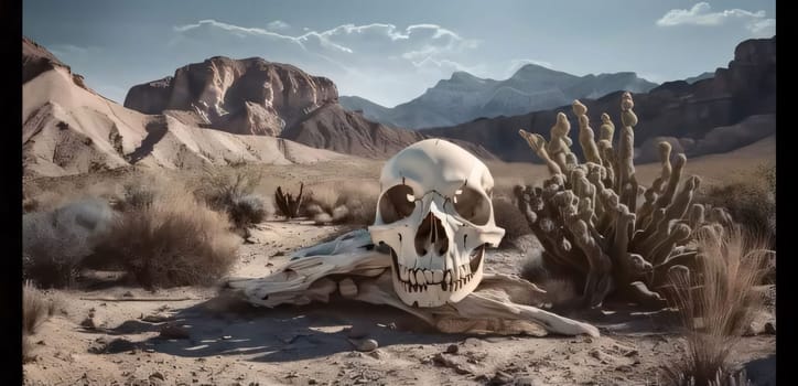 Plant called Cactus: Skull and cacti in the desert. 3d render