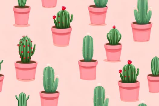 Plant called Cactus: Seamless pattern with cacti in pots on pink background