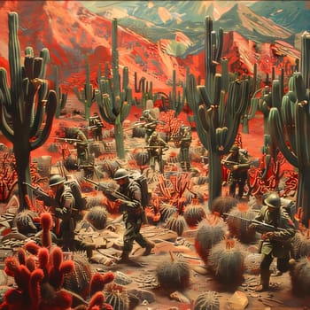 Plant called Cactus: 3D rendering of a desert scene with soldiers and cacti