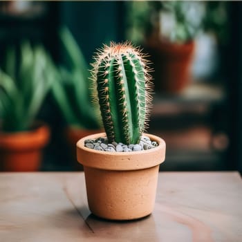 Plant called Cactus: Cactus in a pot on a wooden table with blurred background.
