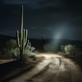 Plant called Cactus: Saguaro cactus in the desert at night. 3d rendering